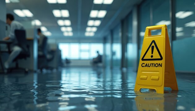 Office interior submerged in water with yellow caution sign. Blurred people work in background unaware of hazard. Water damage causes disruption and risk. Emergency response needed.