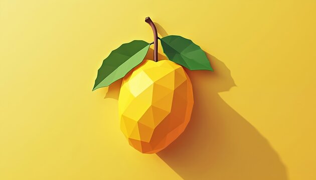 Stylized low poly mango fruit with two green leaves on stem. Yellow orange fruit shape rendered in geometric style on solid yellow background with shadow.
