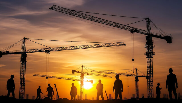  A construction site at sunset, featuring silhouetted workers and cranes against a vibrant orange and yellow sky. The image captures the essence of industrial activity during the golden hour.