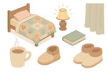 Cozy Cottage Evening. Isometric vector illustration set of Cottage Evening Setting: patterned blanket on bed, flickering lamp, cup