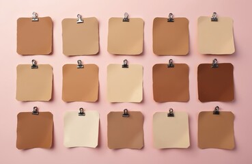 Fifteen tan and beige color squares are displayed on a light pink background. Each square is clipped with a silver binder clip, showing a range of skin tones. It is a beauty palette.