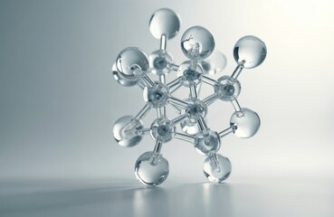 Transparent molecular model with glass balls, sticks. Complex atomic structure used in chemistry, science research. Futuristic scientific visualization for innovation, discovery. Advanced tech