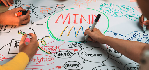 Engaging mind mapping session showcasing hands of participants writing and drawing ideas on paper....