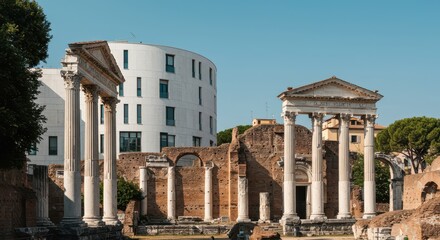 Fototapeta premium Contemporary architecture seamlessly integrating with weathered classical ruins under a bright urban sky, showing historical contrast, development, future, urban