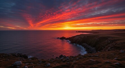 Obraz premium Expansive coastal headland panorama captured during a stunning sunset. Vast northern seascape with dramatic red and orange evening light ,red ,coastal ,travel