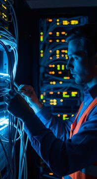Man technician or network engineer working on server rack in dark data center. Fiber optic connection and cloud computing concept.