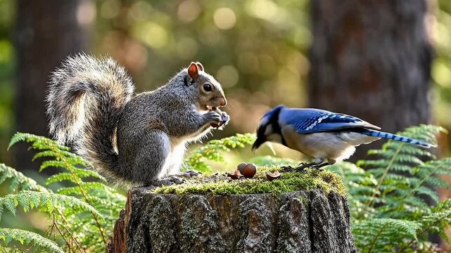 Adorable squirrel and vibrant blue jay share nuts on mossy tree stump in sunlit forest clearing