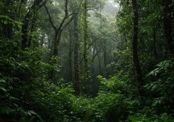 Lush, dense tropical canopy thriving under the heavy humidity of summer. Vibrant green foliage and wet plants dominate the exotic jungle environment ,foliage ,humid ,tropical climate