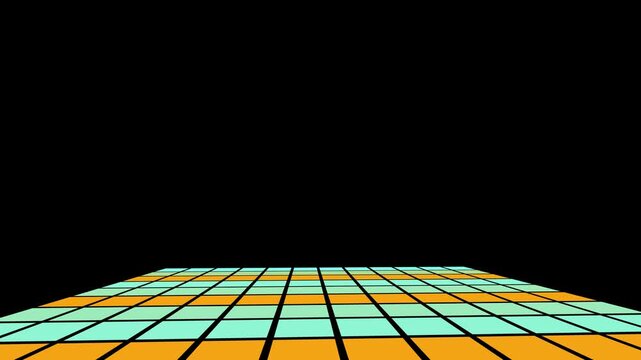 Retro animated disco floor with glowing orange and cyan tiles against a black background