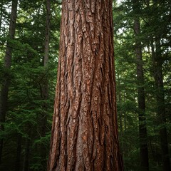 Rough bark texture covering the massive, vertical trunk of an old-growth tree standing tall within a dense temperate forest, log, wilderness, environment