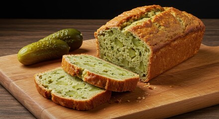 Sliced loaf of savory homemade bread infused with chopped dill pickles and seasonings, resting on a wooden cutting board ready for consumption ,dill ,baked goods ,culinary