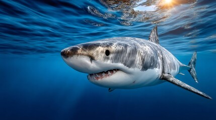 Naklejka premium Great white shark swimming underwater near ocean surface