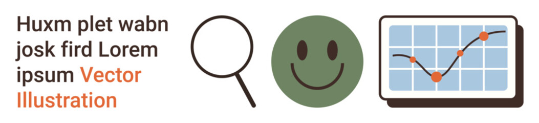 Business analysis, customer satisfaction, data monitoring, trend visualization, market research, and performance tracking. A magnifying glass, a happy face and a graph icon. Business analysis