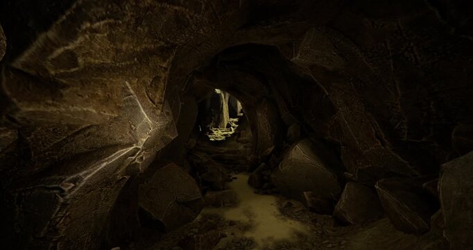 Within the depths of a dark cave, a narrow path winds through rough, jagged rocks. Soft light illuminates sections of damp ground, creating an eerie yet intriguing atmosphere.