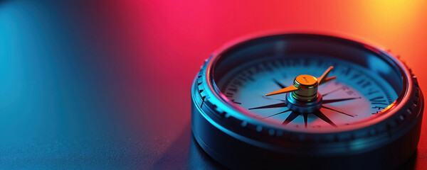 Close up of a digital compass with neon blue and red lighting. This device shows direction with its needle pointing. Its an accessory for navigation.