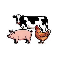 Farm animals group including cow, pig, and chicken