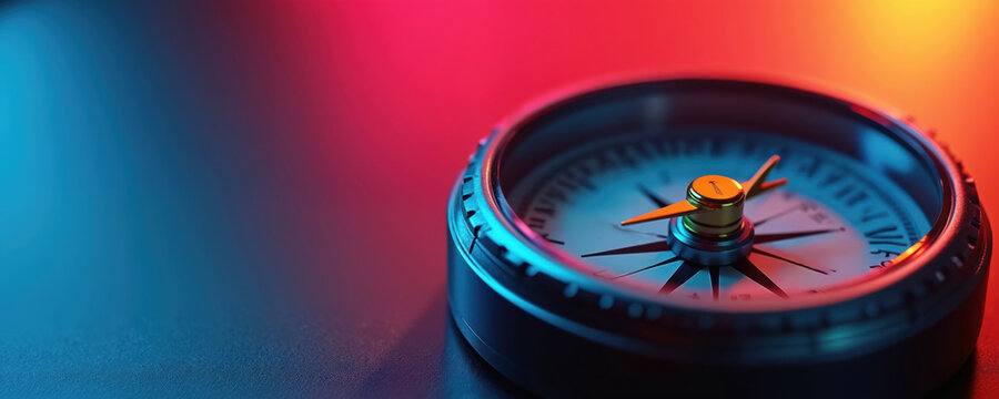 Close up of a digital compass with neon blue and red lighting. This device shows direction with its needle pointing. Its an accessory for navigation.