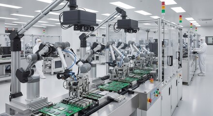 Automated assembly line with robotic arms producing circuit boards in a cleanroom factory, showcasing modern manufacturing and technology integration.