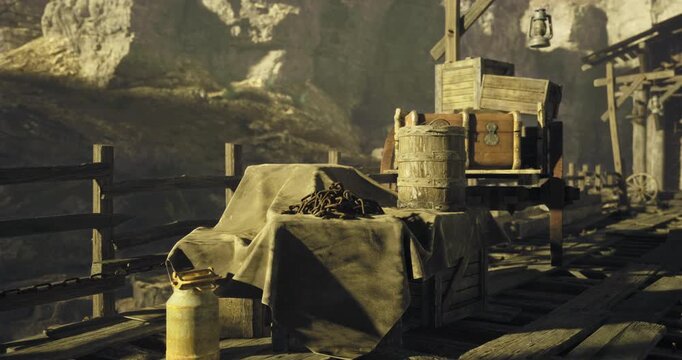 A rustic mining area features wooden planks and barrels surrounded by rocks. Lanterns hang above, while tools and a gas canister rest on a table, creating an adventurous atmosphere.