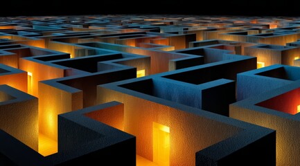 Maze with many rooms and a lighted path. The maze is made of concrete and has a dark color