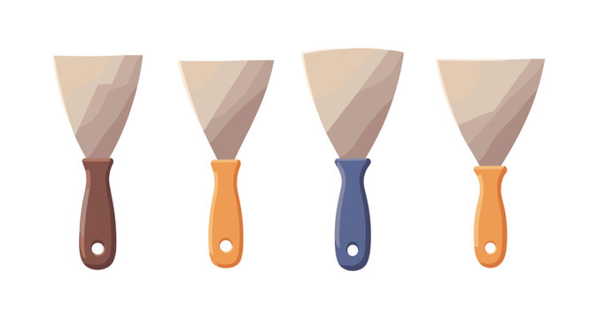 Set of four putty knives with different colored handles on a white background