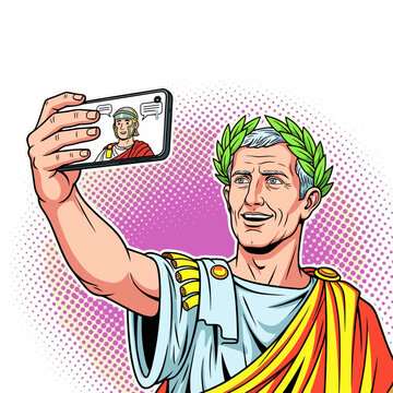 Julius Caesar making video call on smartphone, pop art flat vector illustration