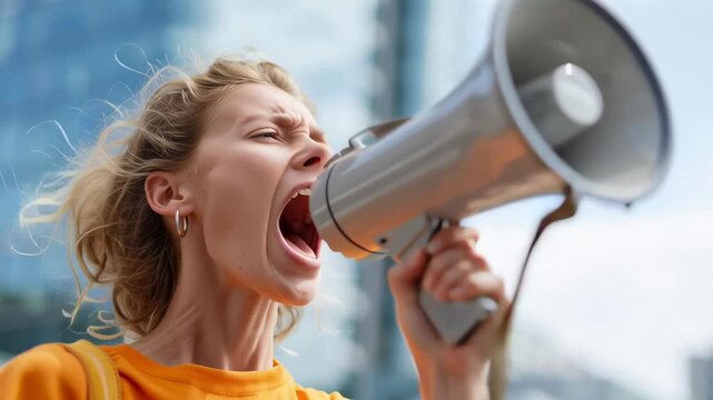 A woman is holding a megaphone and yelling. She is angry and frustrated. The megaphone is silver and large