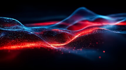 Blue and red wave of light with a red and blue background. The wave is made up of small dots