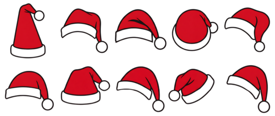 Set of Santa Claus hats isolated on a transparent or white background, vector illustration. Flat design santa hat icons collection, minimalist christmas cap.