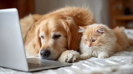 A golden retriever and a fluffy orange cat are looking at a laptop computer together while lying down. They are both on a bed