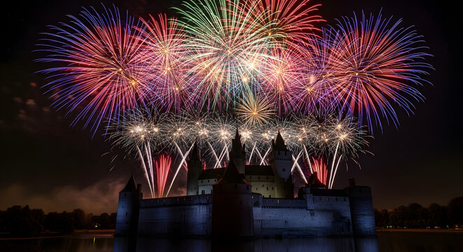 Colorful fireworks exploding over historic castle at night - Powered by Adobe