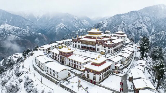 snowy winter day in tawang monastery and mountain town arunachal pradesh india video