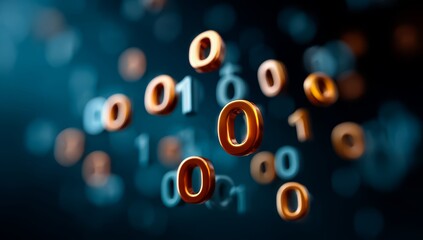 Bunch of numbers are floating in the air, with the number 0 being the most prominent. The image has a futuristic