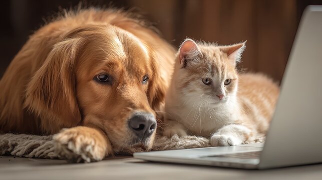 A golden retriever and an orange tabby cat share a close moment while observing a laptop screen in a cozy indoor setting