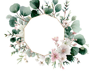 Gold octagonal frame with green leaves and pink white flowers isolated on a transparent background gold frame