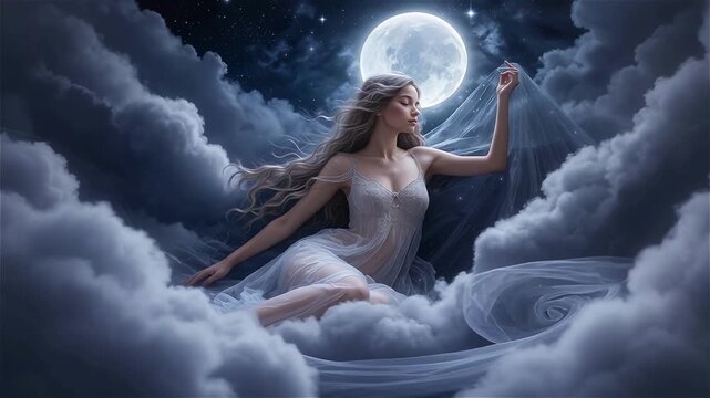 A girl in a light dress basks in her heavenly cradle