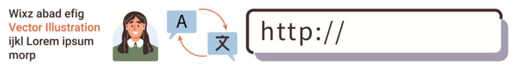 Language translation, communication, education, technology, internet services, globalization. a woman, a speech bubble translation icon and a URL. Translation and communication concept