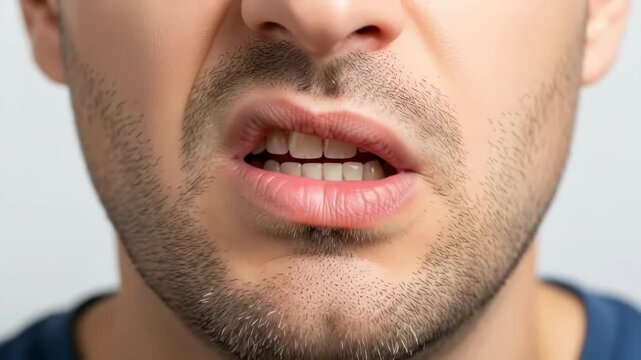 Caucasian man experiencing discomfort or aversion, scrunching mouth and nose for taste or smell. Facial expression reaction concept.