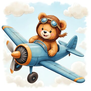 Cute teddy bear pilot in goggles and helmet flies blue vintage plane through clouds. Cheerful bear explores sky on sunny day. Adorable toy enjoys aviation adventure.