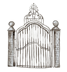 Watercolor gates painting isolated on white.