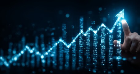 Hand is pointing at a graph with a blue arrow. The graph is a representation of a trend or growth