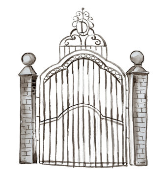 Watercolor gates painting isolated on white.