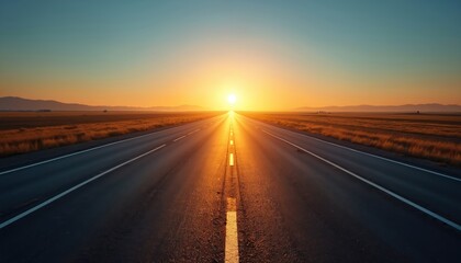 Empty highway leading to bright sun over horizon at dawn. Long asphalt road stretches toward sunrise, yellow grasslands border path. Scenic route for travel or business success.