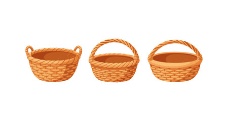 Obraz premium Three woven wicker baskets with handles on a white background