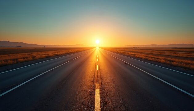 Empty highway leading to bright sun over horizon at dawn. Long asphalt road stretches toward sunrise, yellow grasslands border path. Scenic route for travel or business success. - Powered by Adobe