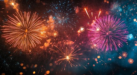 Fototapeta premium Fireworks bright festival lights sky high resolution picture