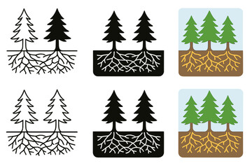 Obraz premium Forest Floor Mycorrhizal Network. Cross-section of forest floor showing trees linked by mycorrhizal threads, subtle organic