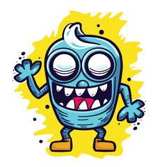 Cheerful Cartoon Blue Monster Waving Hello with Yellow Splash Background (AI Generated)