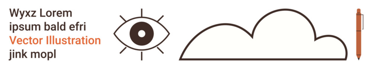 Vision, creativity, design concepts, simplicity, digital tools, minimalism. Outline drawings of an eye, a cloud and a pen. Vision and creativity by essential forms