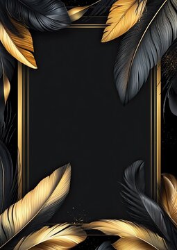 Full rectangular frame of flowing golden and black feathers with thin gold border lines on a textured black background